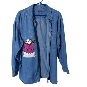 Denim Long sleeve Button Up Collard Snowman Shirt Granny style